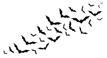 A Swarm of Bats in Flight, Black Silhouette Halloween Icon or Illustration, Graphic Element