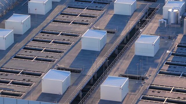 Atman Warsaw-3 data center telecommunication antennas on roof, Solar panels, Warsaw, aerial