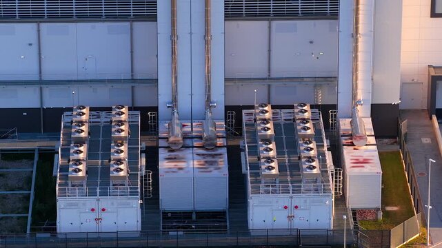 Large centralized unit HVAC system at data center building, Warsaw, aerial closeup