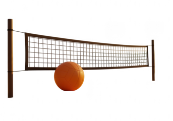 A vibrant orange volleyball rests on the sand in front of a wooden volleyball net and posts isolated on transparent background