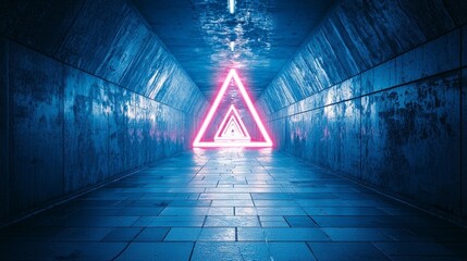 Long dark empty tunnel interior with vibrant light trails on the walls and floor