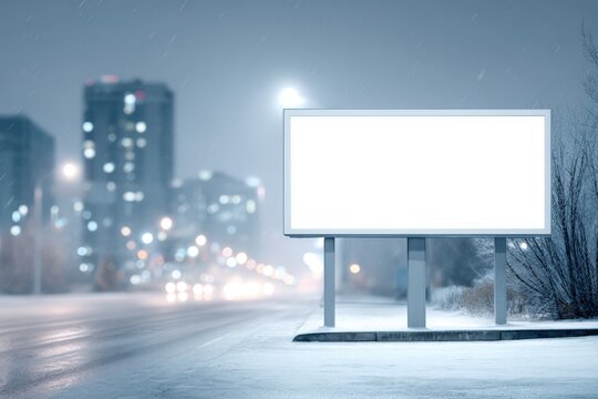 Blank billboard in urban setting during winter night, surrounded by softly falling snow, illuminated by city lights, providing ample copy space for advertising or messaging - Powered by Adobe