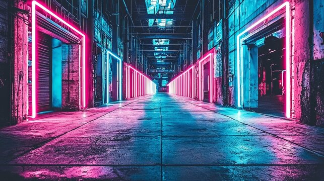 Abandoned stone city temple hall corridor with columns forming a tunnel of light in the night