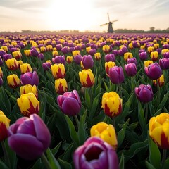 Vibrant Tulip Field with Windmill in the Netherlands.