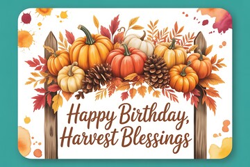 Happy birthday harvest blessings with pumpkins and fall foliage
