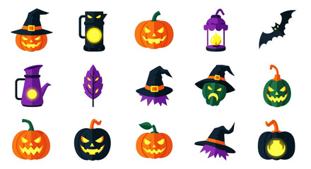 Halloween Cartoon Icon Set Pumpkins, Witch Hats, Lanterns, and Spooky Decorations