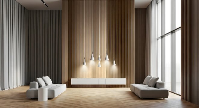 Modern luxurious living room interior design with vertical wood paneling and comfortable seating - Powered by Adobe