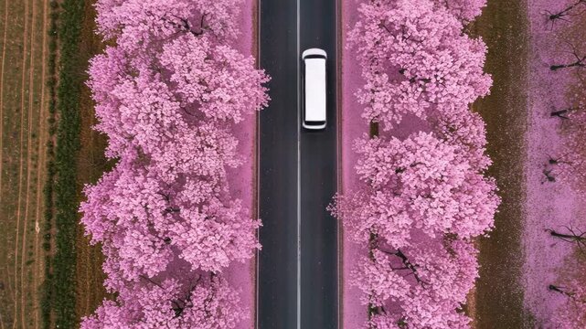 Aerial view of a road lined with blooming pink jacaranda trees