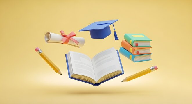 Education concept with flying books graduation cap and pencils learning and knowledge abstract - Powered by Adobe