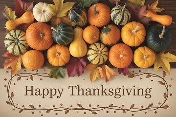 Happy thanksgiving greeting with assorted pumpkins and autumn leaves