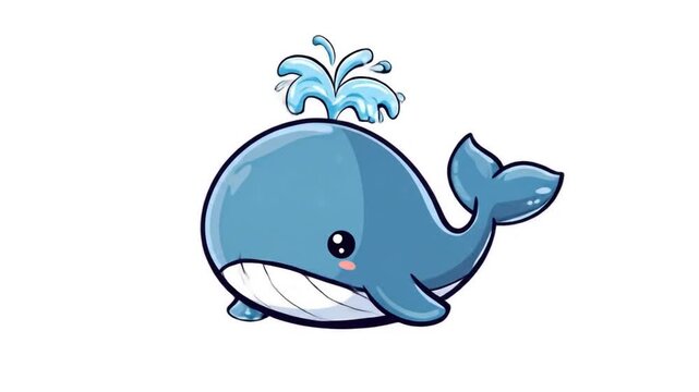 Animated blue whale with water spout on white background illustration