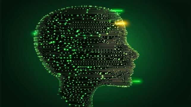 Green vector binary code background concept of a human brain map for technology illustration