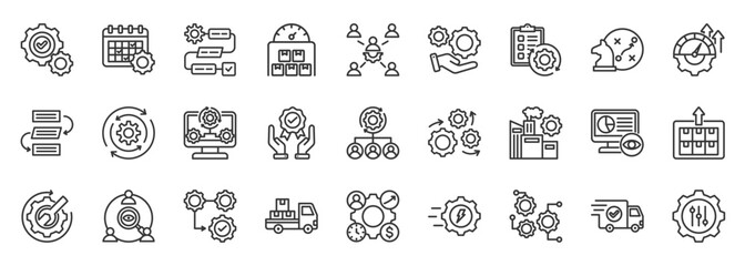 operation management icon set collection in outline style. icon pack contain process, planning, control, strategy, workflow, efficiency, schedule, coordination, monitoring, execution