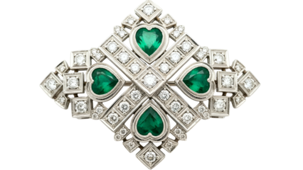 Elegant Silver Brooch with Green Heart-Shaped Gemstones on Transparent Background