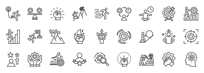 perseverance icon set collection in outline style. icon pack contain determination, resilience, endurance, persistence, courage, focus, dedication, discipline, achievement, commitment
