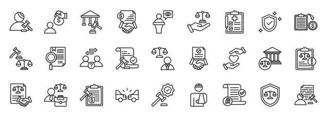 personal injury law icon set collection in outline style. icon pack contain claim, compensation, lawsuit, evidence, settlement, verdict, consent, justice, ruling, empathy