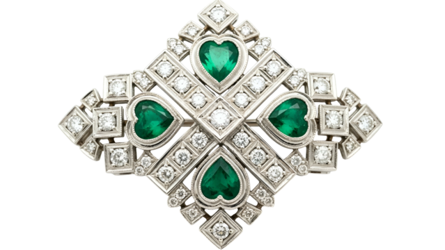 Elegant Silver Brooch with Green Heart-Shaped Gemstones on Transparent Background - Powered by Adobe