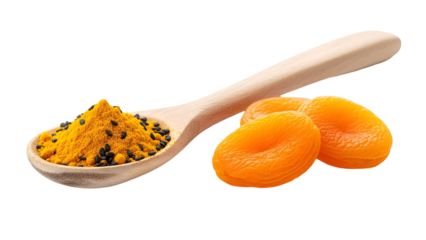 Apricots and Yellow Spice on Wood Spoon on Transparent Background