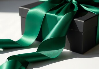 Elegant dark gift box adorned with lustrous emerald green satin ribbon