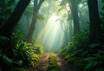 Naklejka premium Enigmatic Jungle Pathway Amidst Enveloping Fog Tropical Wilderness Nature Exploration
