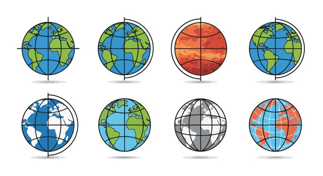 Set of World Globe Icons with Meridians and Parallels in Flat Vector Style, white background