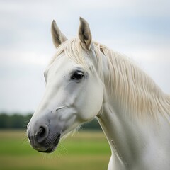 Elegant White Horse Portrait in a Green Field.
