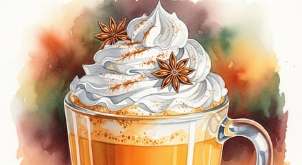 Watercolor painting of a pumpkin spice latte with whipped cream and star anise in a glass mug.