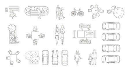 Top view outline illustrations of people and objects, suitable for architectural drawings and design projects, white background