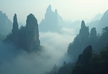 Enigmatic Sacred Mountain Peaks Cloaked in Ethereal Morning Fog Capturing Ancient Mystique