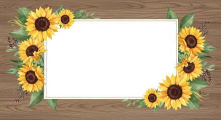 Watercolor Painting Sunflower Border Frame with Wood Background Invitation Design