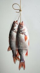 Two Freshly Caught Fish Hanging by Twine Against a Plain Background.