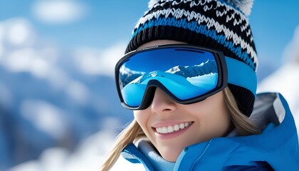A close-up of a smiling young woman in the mountains. Conceptually, it depicts active winter recreation, joy, freedom, and the pleasure of outdoor sports.