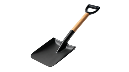Square shovel with black steel blade showing durable construction and sturdy gardening tool detail isolated on white background