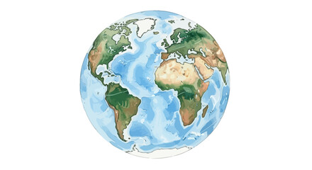 Watercolor illustration of planet Earth, showing continents and oceans, white background