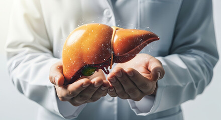 Doctor Holding Liver Model with Digital Network. Concept for Liver Health, Medical Research, Organ Donation, and Liver Disease Awareness. Healthcare.