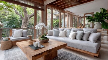 Elegant modern living room with natural light and wooden decor