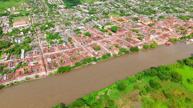Drone footage showing the historic colonial town of mompox on the banks of the magdalena river