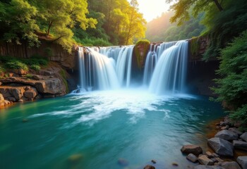 Obraz premium Majestic Waterfall Splashing into Serene Water Basin with Lush Green Surroundings and Sparkling Reflections