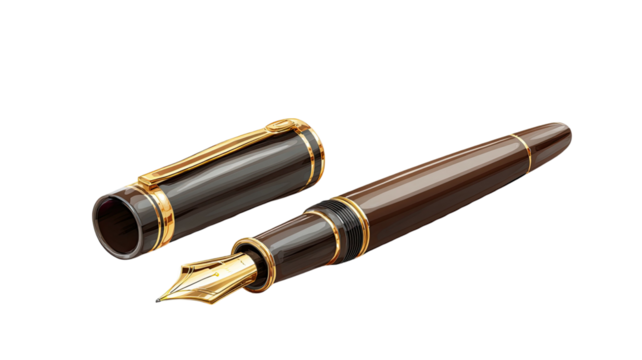 Illustration of brown fountain pen showing elegant writing instrument and classic stationery detail isolated on white background