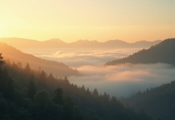 Fototapeta premium Ethereal Fog Rolling Over Majestic Hills at Sunrise Radiating Warm Hues and Captivating Tones