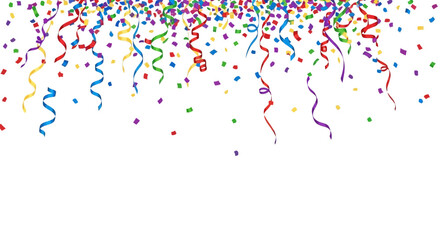 Colorful confetti and ribbons falling from above, creating a festive celebration vector design, white background