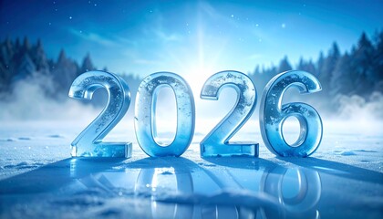Glistening ice numbers forming the year 2026, set amidst a serene, frosted winter forest under a radiant sky, embodying a fresh start and exciting future prospects