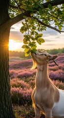 Goat Grazing on Leaves at Sunset in a Lavender Field.