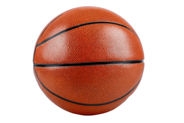 Close up of an orange textured basketball with black lines on a black background sport game, Isolated On Transparent Background, Png Cut Out