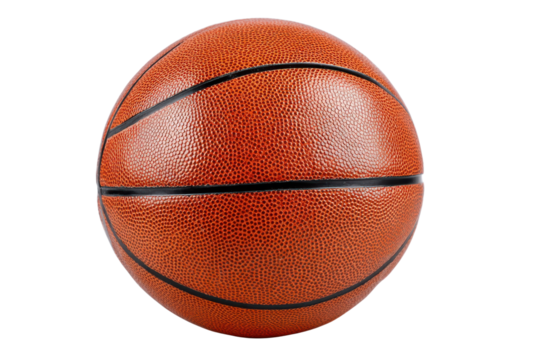 Close up of an orange textured basketball with black lines on a black background sport game, Isolated On Transparent Background, Png Cut Out