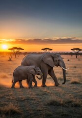 Fototapeta premium Elephants at Sunset - A Mother and Calf in the African Savanna.