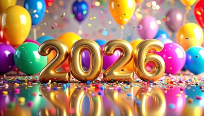 Golden 2026 Celebration with Balloons and Confetti Happy New Year & Future Outlook