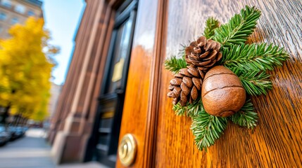 Festive winter decoration urban doorway photo city environment close-up view holiday spirit