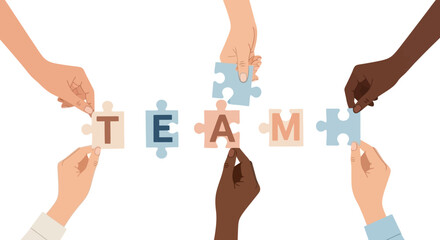 Vector illustration of diverse hands assembling a TEAM puzzle as part of a hiring campaign, white background