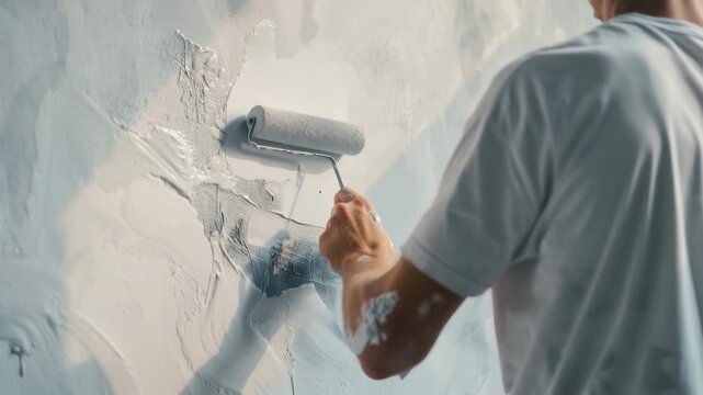 Person painting a wall in light blue color during a home renovation task, showcasing hands and paint roller action
